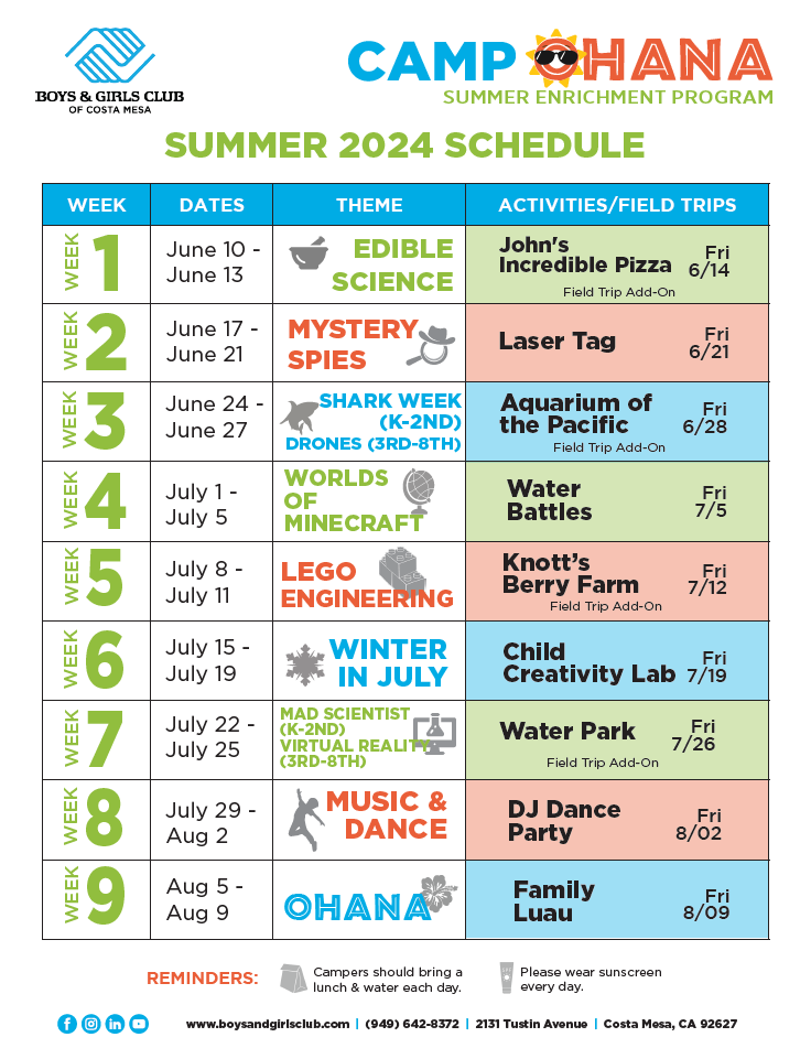 2024 Summer Schedule for BGC Costa Mesa