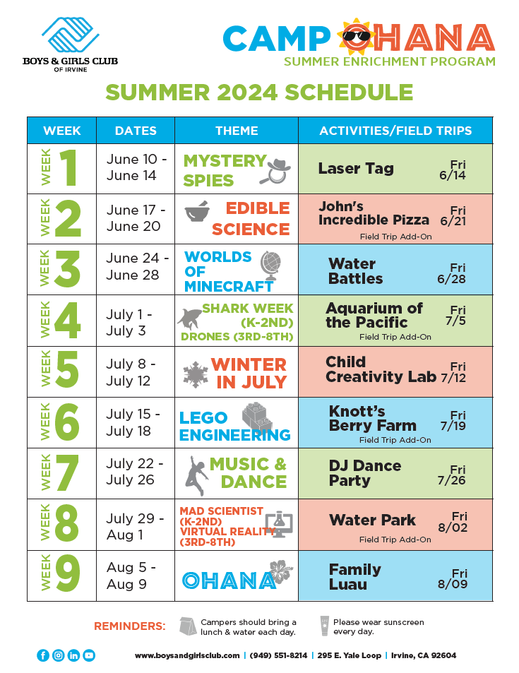 2024 Summer Schedule for BGC of Irvine