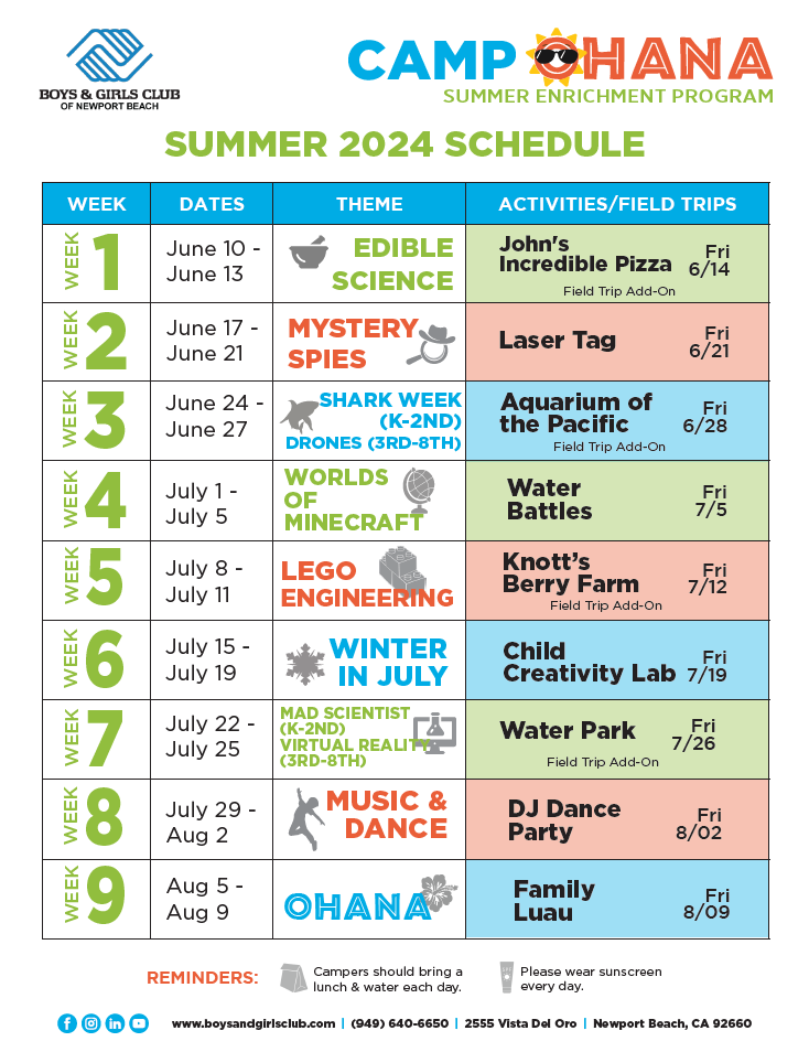 2024 Summer Schedule for BGC of Newport Beach